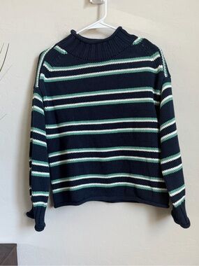 J.Crew 2025 Striped Cotton Mock Neck Sweater Navy Green Ivory NWT XXS Oversized